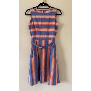 L.L Bean Signature Blue Orange Striped Cotton Belted Sleeveless Dress Size 2